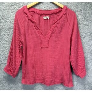 Natural Life Top Size Medium Pink Gauze Robyn Cotton V-Neck 3/4 Sleeve Boho Top